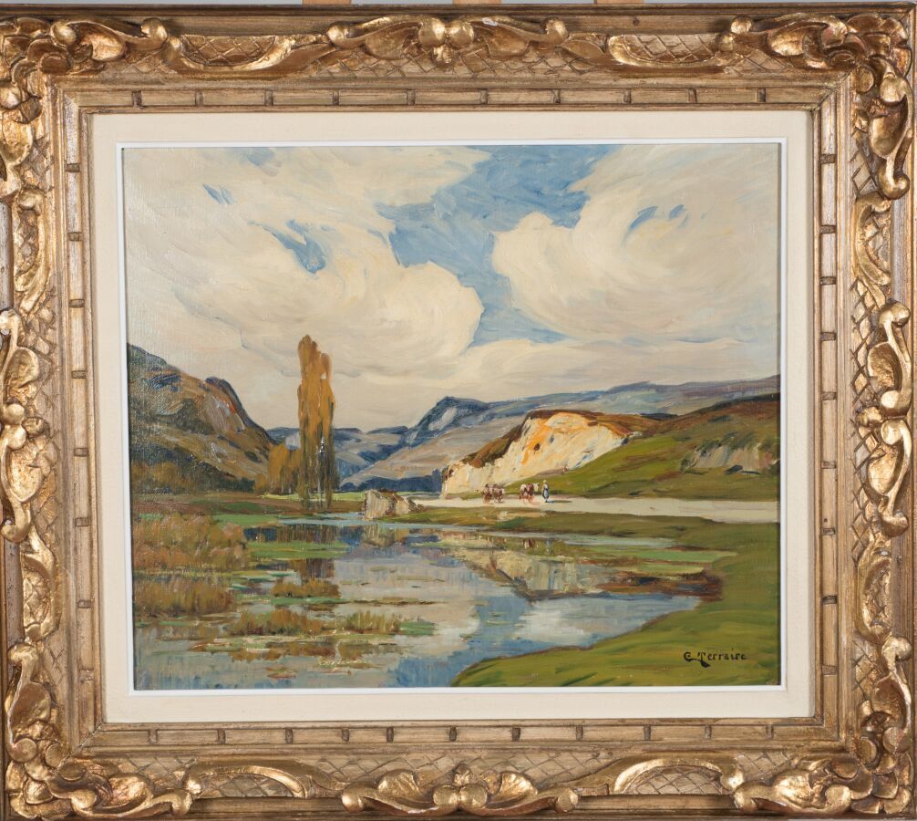 Null 克洛维-弗雷德里克-泰雷尔（1858-1931）。

山中的湖泊。

布面油画。

右下方有签名。

46 x 54 厘米。
