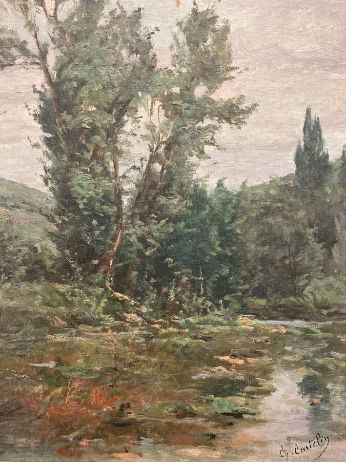 Null 查尔斯-库特林（1859-1912）。

河岸上的大树。

布面油画。

右下方有签名。

45 x 31厘米