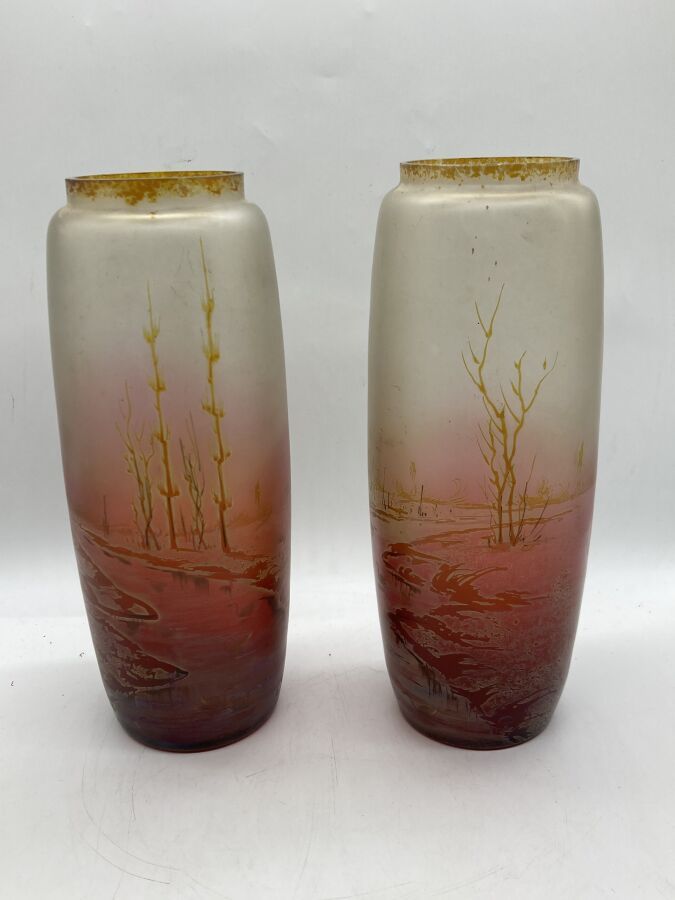 Null 法国的工作

一对长方形的花瓶，有肩和环颈。白色、黄色和粉红色的玻璃样板，装饰着森林背景下湖中的天鹅。

高28厘米