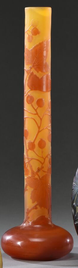 Null 加勒公司(1904-1936)

花瓶有膨胀的瓶身和长管状的瓶颈。在橙黄色背景的橙褐色内衬玻璃中证明。装饰有浮雕雕刻的树枝和浆果。 

签名。

H.&hellip;