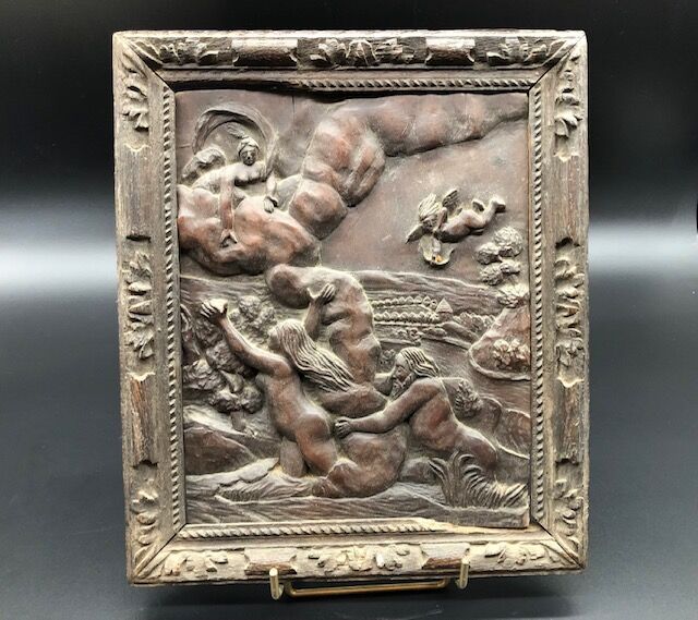 Null Carved and patinated wood panel representing a licentious scene, young woma&hellip;