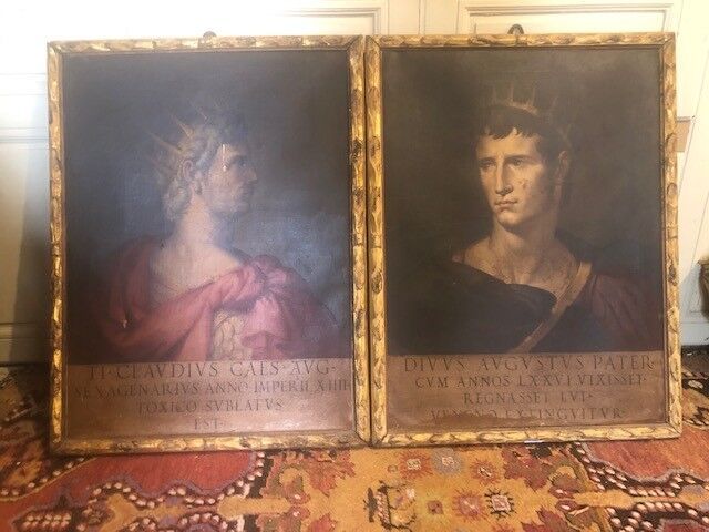 Null 克劳迪乌斯和奥古斯都两位皇帝的画像。

两幅布面油画肖像。

18世纪晚期。

85 x 64厘米。

事故，修复。

呈现在鎏金木框架中。