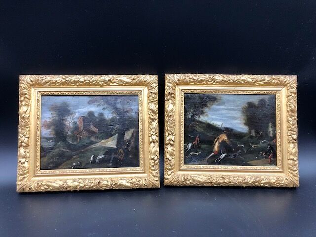 Null 18世纪的北方学校。

狩猎场景和田园场景，两幅油画板画。

16,5 x 22 cm。

路易十四风格的框架。

事故和修复。