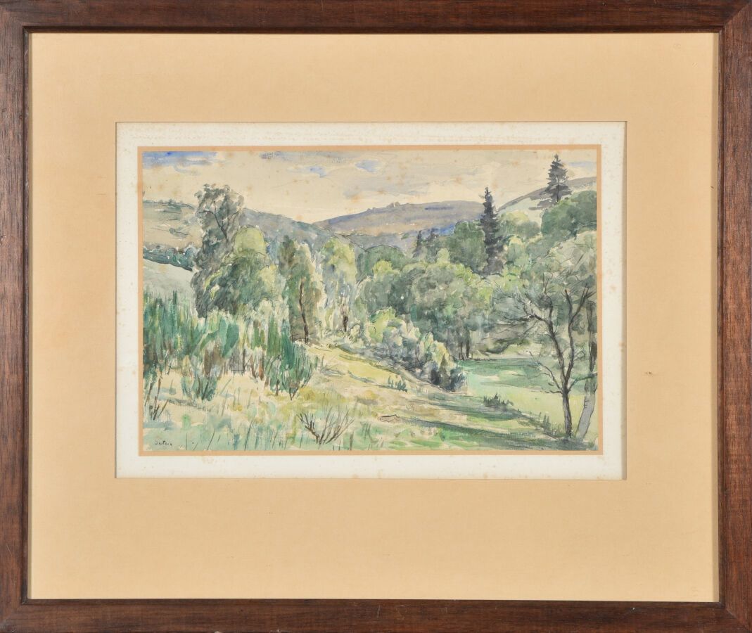 Null Adolphe DETEIX (1892-1967).

Pré entre les collines.

Aquarelle sur papier.&hellip;