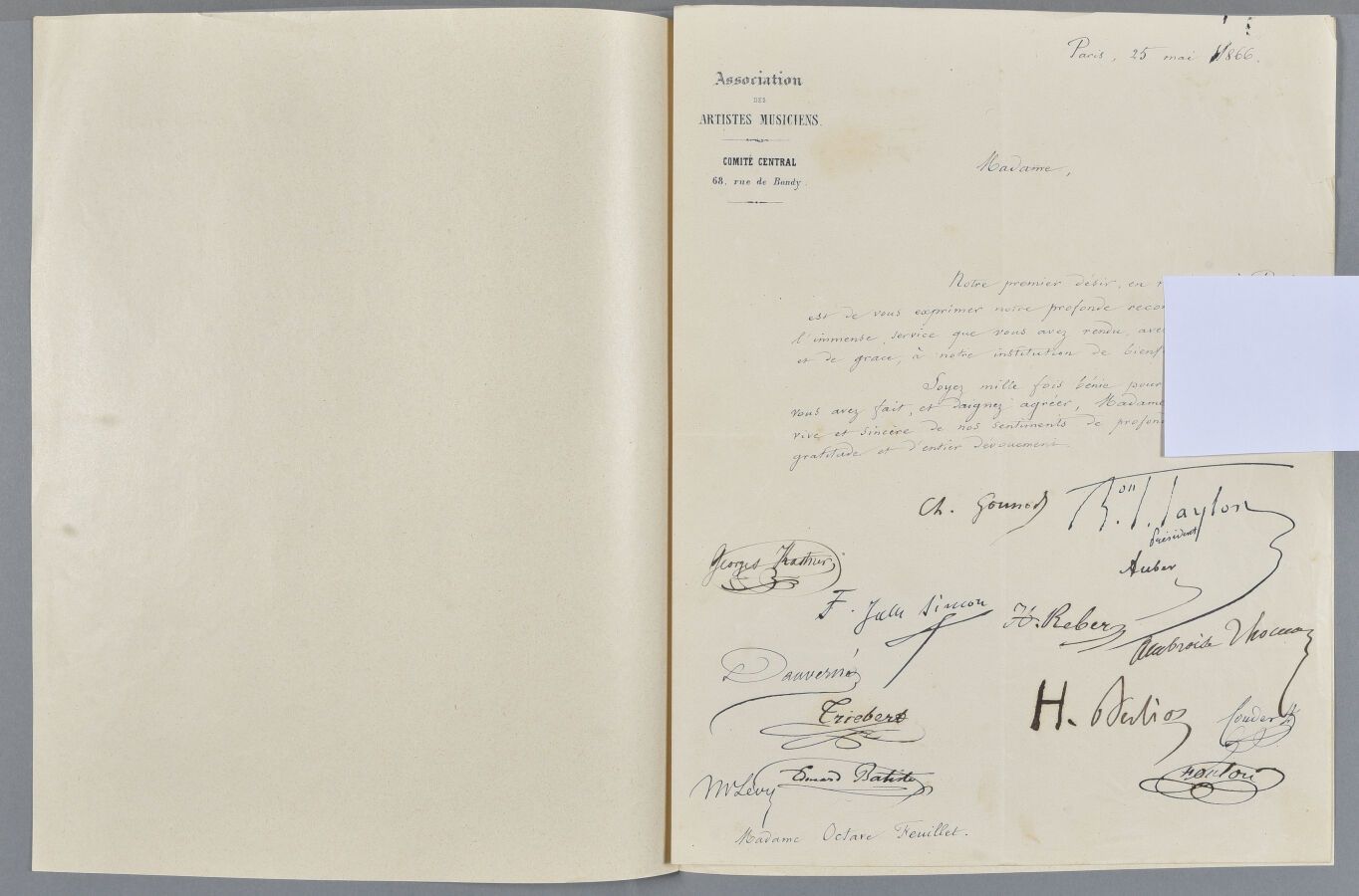 Null Hector BERLIOZ. Lettre signée à Madame Octave Feuillet. 1 p. In-4, en-tête &hellip;
