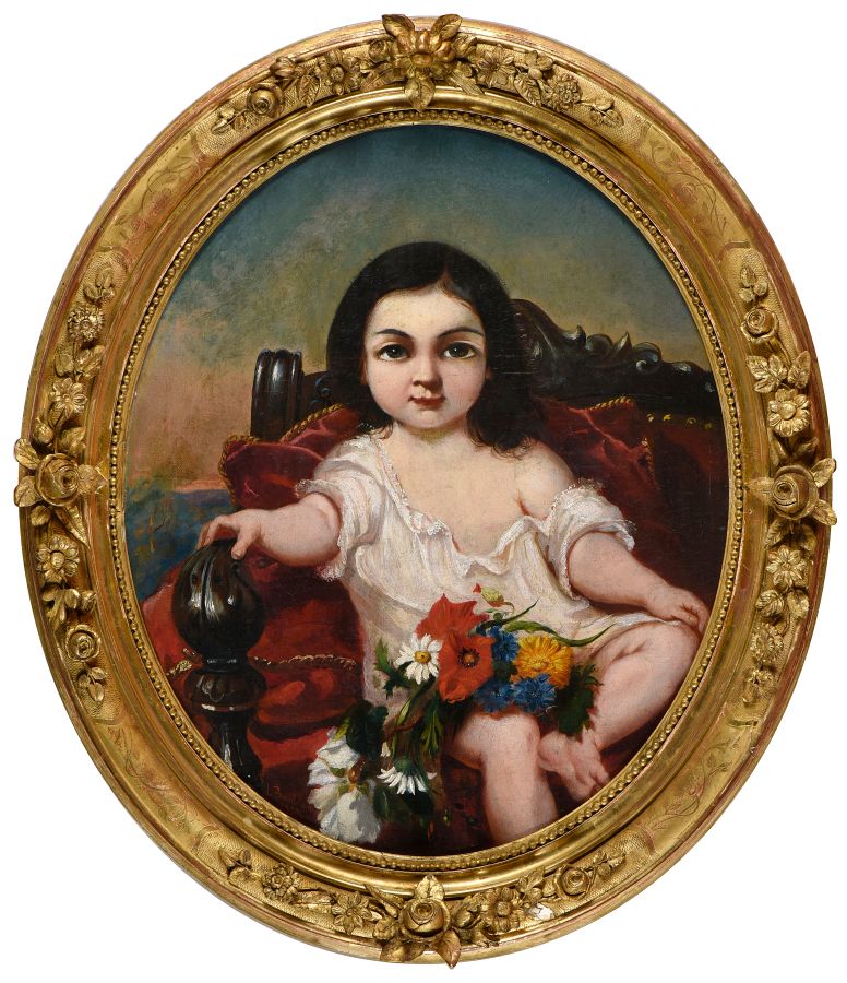 Null Louis BAUDERON (1809-1870).

Portrait de fillette au jeté de fleurs, 1857.
&hellip;