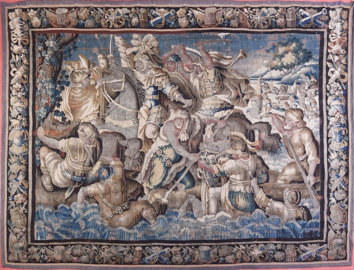 Null AUBUSSON, La bataille au passage du Granique par Alexandre, 多色挂毯，有美丽的边框，有鼓声&hellip;