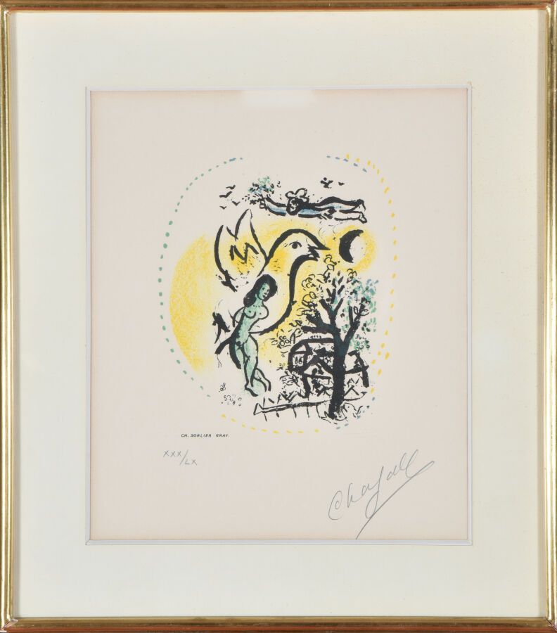 Marc CHAGALL,(1887-1985) , d'après. 
Paysage avec femme et oiseau. 
Lithographie&hellip;