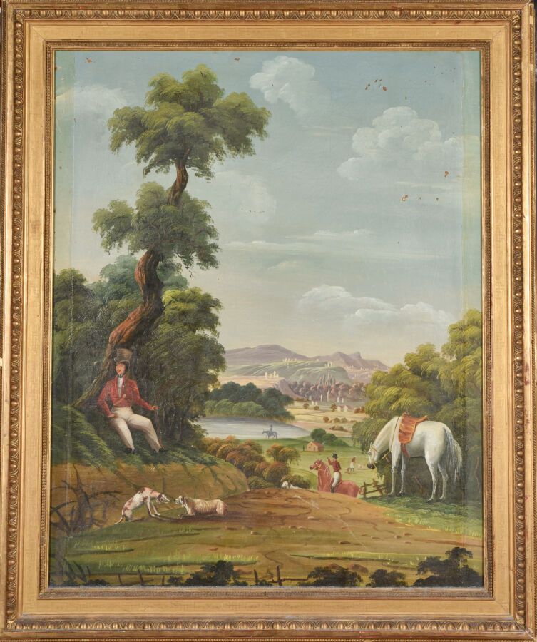 Null École du XIXème siècle.

Le repos du cavalier.

Huile sur toile.

81 x 67 c&hellip;