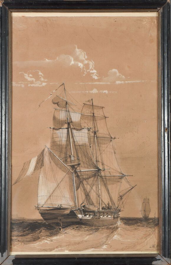 Null 19世纪的法国学校。

双桅船，全部扬帆，1855年（?）。

水墨、水粉和石墨在双色纸上。

签名为M，右下角有日期。

41 x 26厘米。