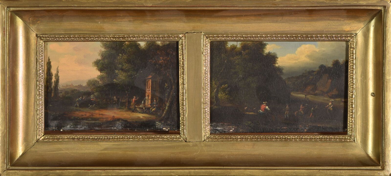 Null 1800年左右的法国学校

两幅锌制小型油画作品（旧清漆被弄脏）。

1 - 猎人在喷泉前的停顿和向灌木丛中的射击。

2 - 启程前往河边猎鹰。

&hellip;
