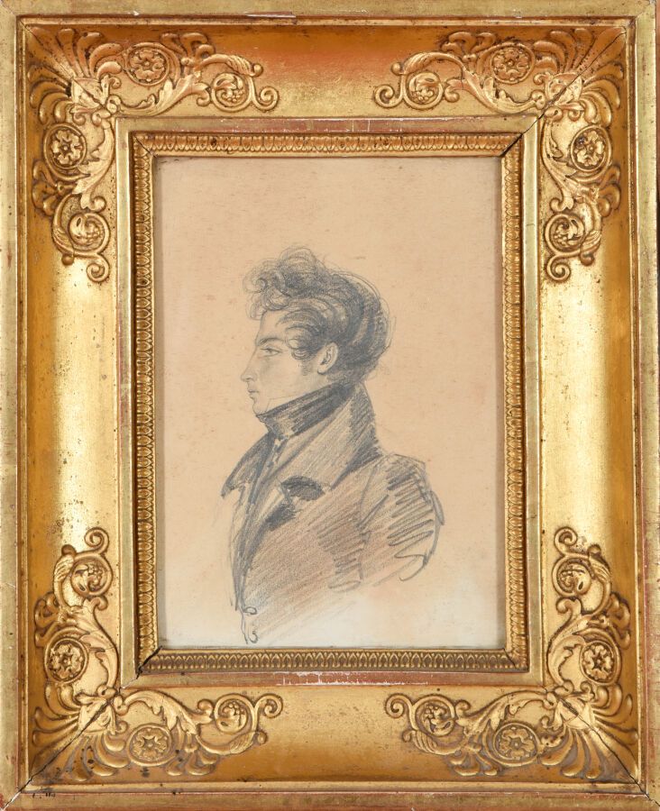 Null 法国浪漫学校

19世纪的前三分之一。

一个年轻优雅的男人的轮廓画像。

牛皮纸上的黑色铅笔和树桩。粘在纸板上（稍有不慎；小的点蚀）。

H.19,&hellip;
