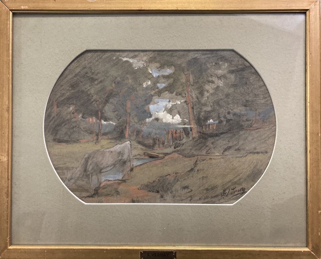 Null 弗朗索瓦-维尔纳（1821-1896）。

牛在喝溪水。

炭笔、粉彩和水粉在灰色铺装纸上。

右下方有签名。

视线：25 x 38厘米。