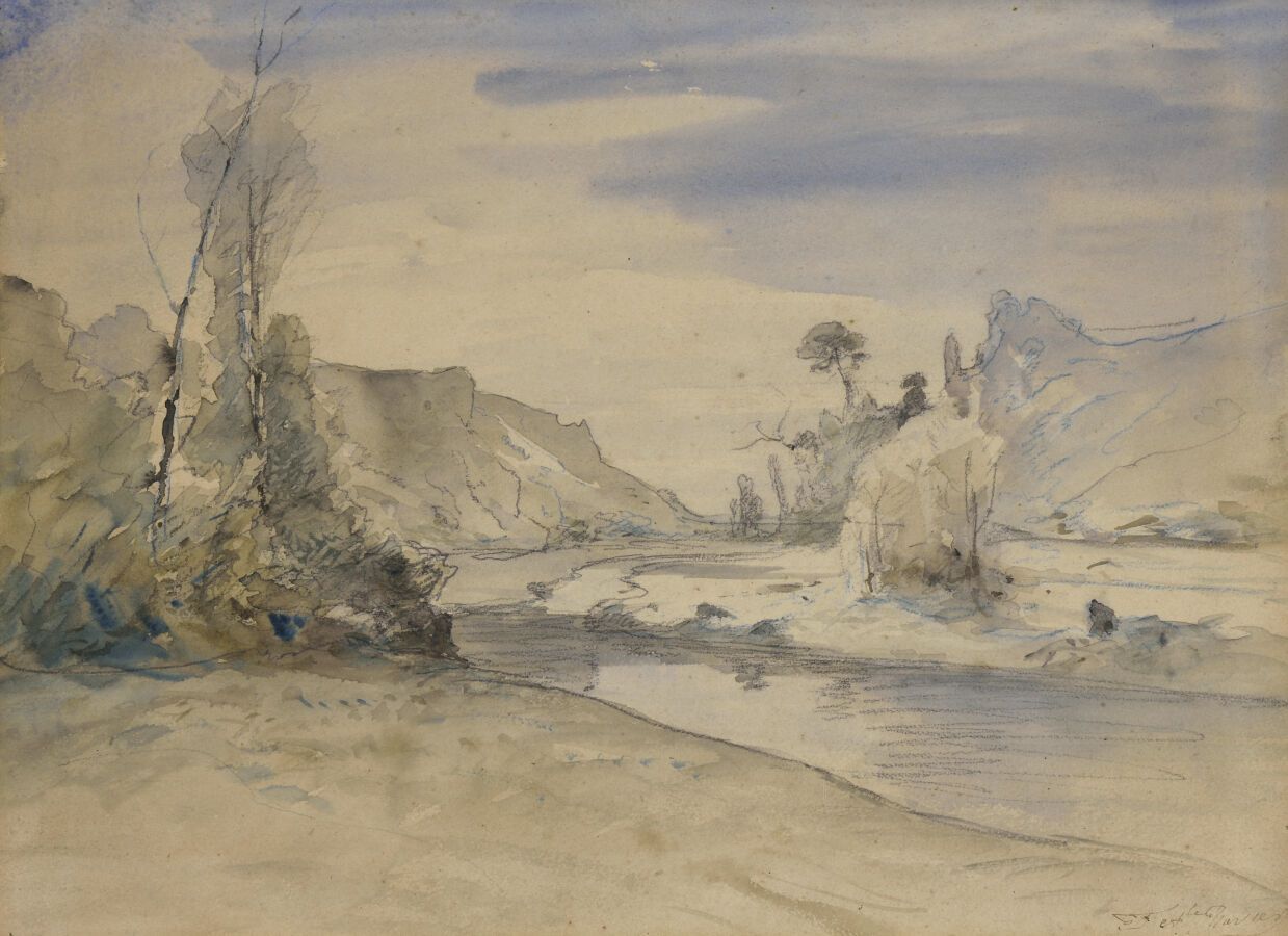 Null 弗朗索瓦-奥古斯特-拉维耶（1814-1895）。

莫尔斯特尔的河流和罗什池塘。

纸上石墨和水彩高光画。

右下方有签名。

视线：24,5 x &hellip;
