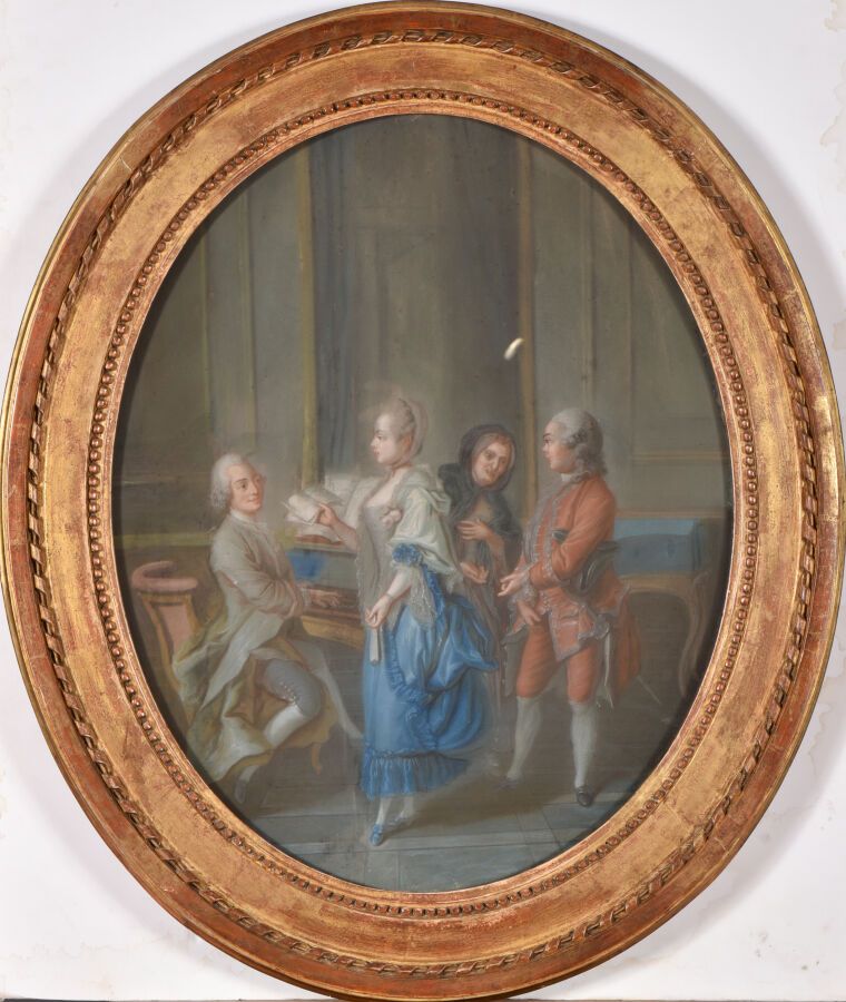 Null 法国学校 18世纪末

英勇的音乐会。

一位身穿蓝色连衣裙的漂亮歌手，衣服上有两朵玫瑰，右手拿着乐谱，另一只手拿着扇子，在一位着迷的年轻大键琴手的注&hellip;