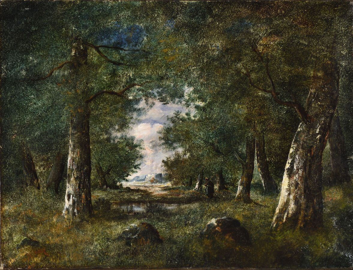 Null 纳西斯-迪亚斯-德拉佩纳（1807-1876）。

池塘边的灌木丛。

布面油画。

左下角有签名。

49 x 64厘米。

旧的修复工作。