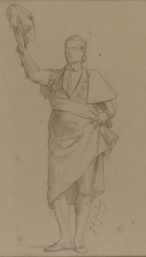Null 让-莱昂-格罗姆（1824-1904）。

斗牛士敬礼。

纸上石墨。

右下方有签名。

视线：28 x 16厘米。