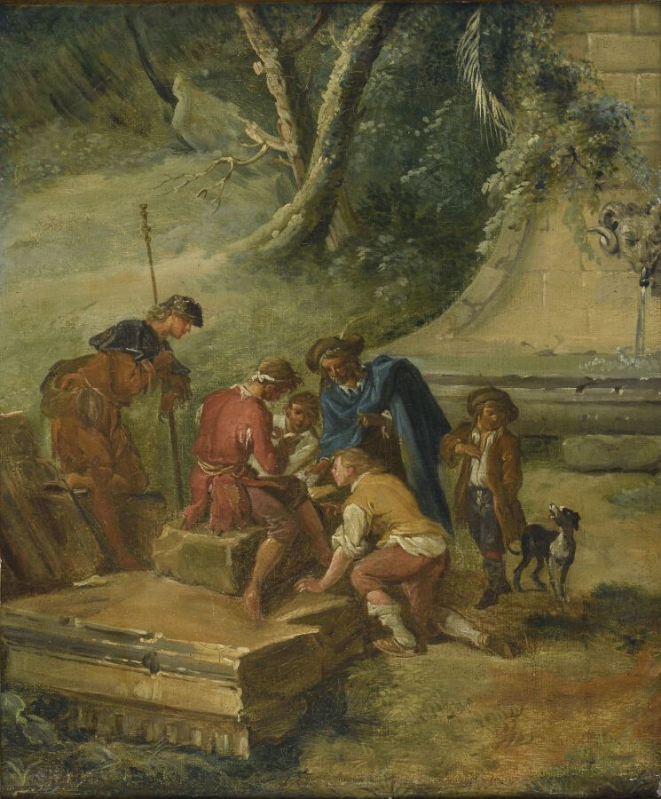 Null 十八世纪的法国学校。 

弗朗索瓦-布歇(1703 - 1770)周围的环境

古代遗迹脚下的牌手。

布面油画（衬里；在上角放大）。

H.45 -&hellip;