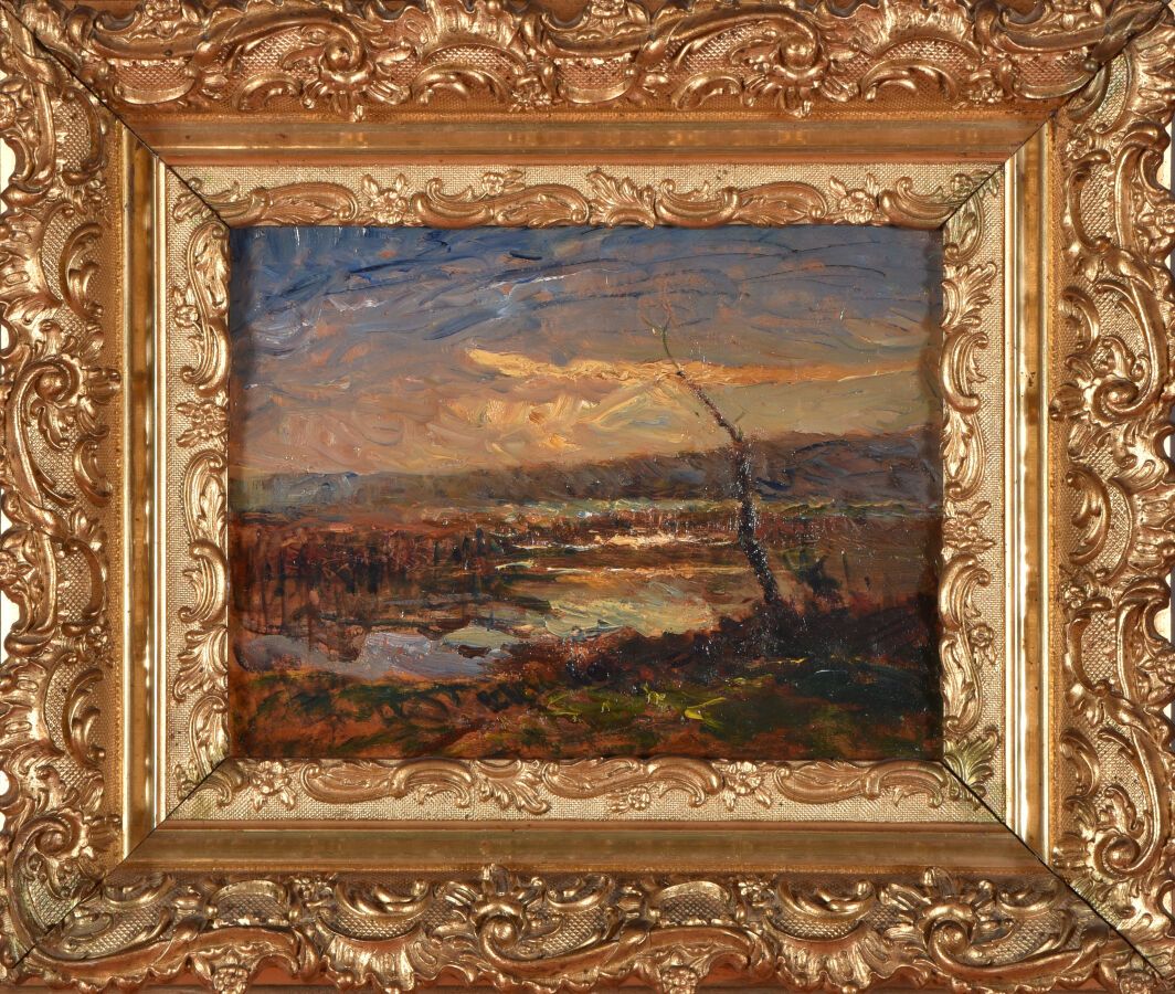 Null 弗朗索瓦-奥古斯特-拉维耶（1814-1895）。

莱瓦兹池塘。

粘贴在纸板上的纸上油彩。

20 x 26厘米。