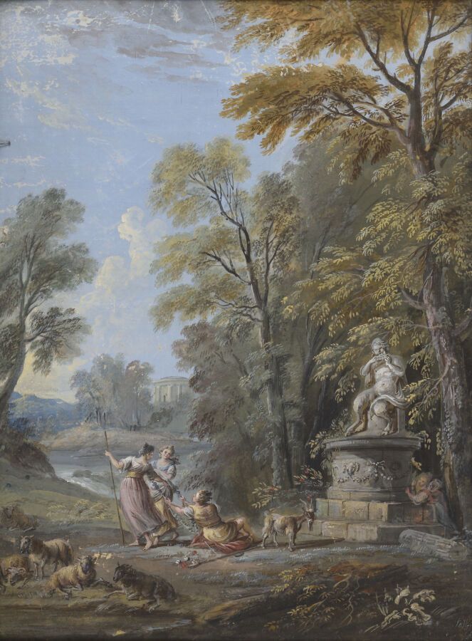 Null LALLEMAND Jean Baptiste 

第戎1716年--巴黎1803年

牧羊女的爱情。

水粉画。粘贴在一张纸上的背面（空白处有小的意&hellip;