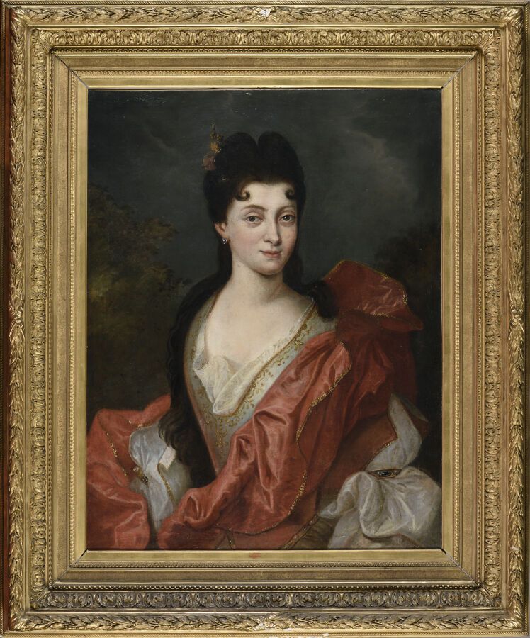 Null LARGILLIERE Nicolas de (学校) 

巴黎1656年--同上；1746年

棕色长发的优质妇女的半身肖像，在公园背景上的红色帷幔&hellip;