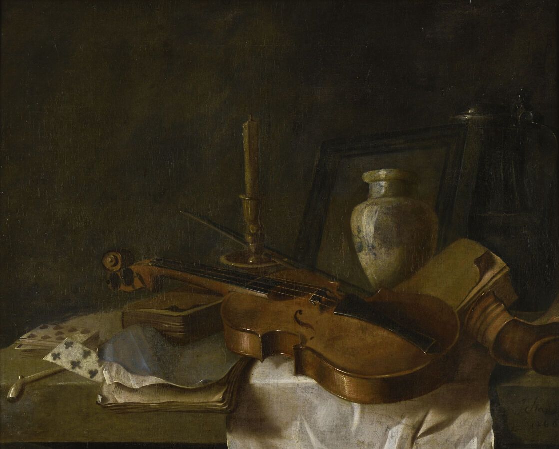 Null 博耶尔-米歇尔（归属于）

勒普伊1668年-巴黎1724年

静物的夹板，小提琴和它的弓，锡壶，镜子，花瓶，书，烛台，音乐书，地图和管道。

布面油&hellip;
