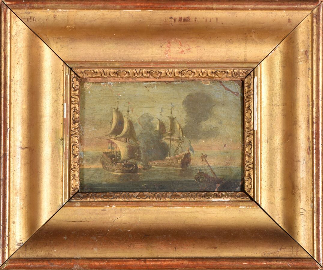 Null 老荷兰

18世纪早期的体裁。

海上战斗场景。

铜上油彩（右下角有事故；有些缺口；旧清漆被弄脏）。

在背面有一个古老的钢笔题词 "D. Val &hellip;