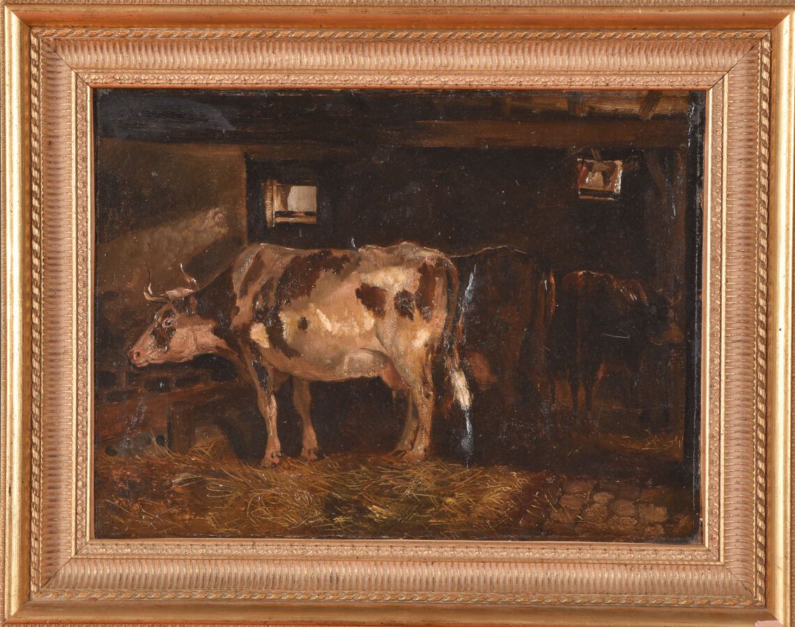 Null Ecole française du XIXème siècle.

Vaches dans l'étable.

Huile sur papier &hellip;