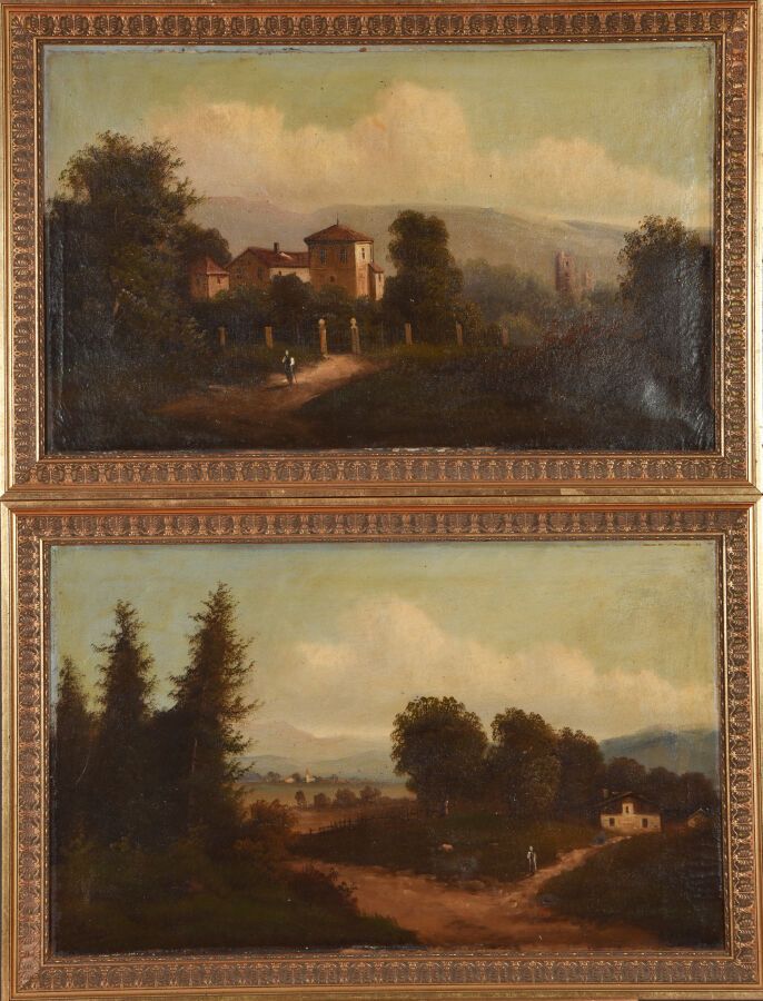 Null 19世纪的法国学校(CHEVET ? )。

作为对口单位。

带有栅栏的景观。

景观与豪宅。

布面油画（X2）。

左下方有签名（X2）。

4&hellip;