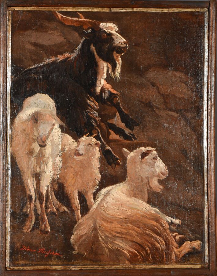 Null 格雷戈尔-伊西多尔-弗拉赫隆（1806-1873）。

山羊和山羊。

粘贴在画板上的油彩。

左下方有签名。

39 x 30厘米。