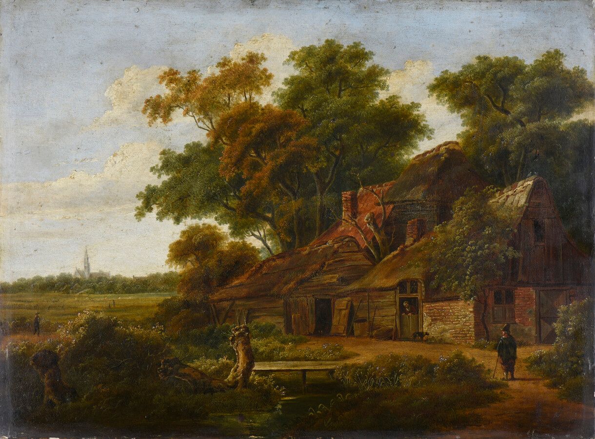 Null VRIES Roeloef Jansz van（归属）。

(哈勒姆1630/1631-阿姆斯特丹1681/1701)

树木茂盛的乡村风景，有一座茅&hellip;