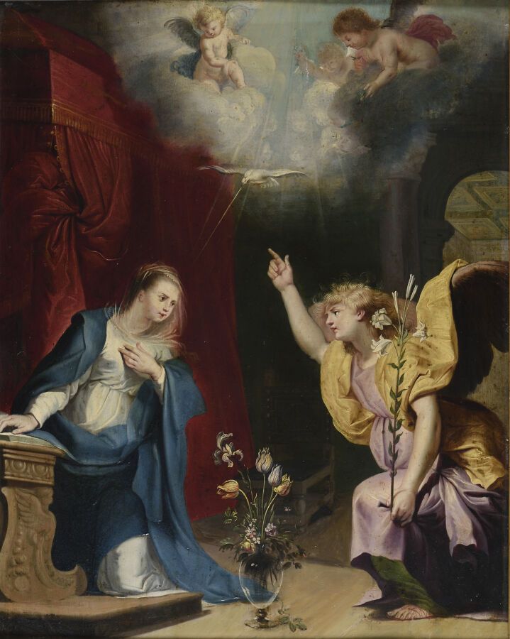 Null FLEMISH SCHOOL of the XVIIth century. 	

The Annunciation. 

Oil on copper.&hellip;