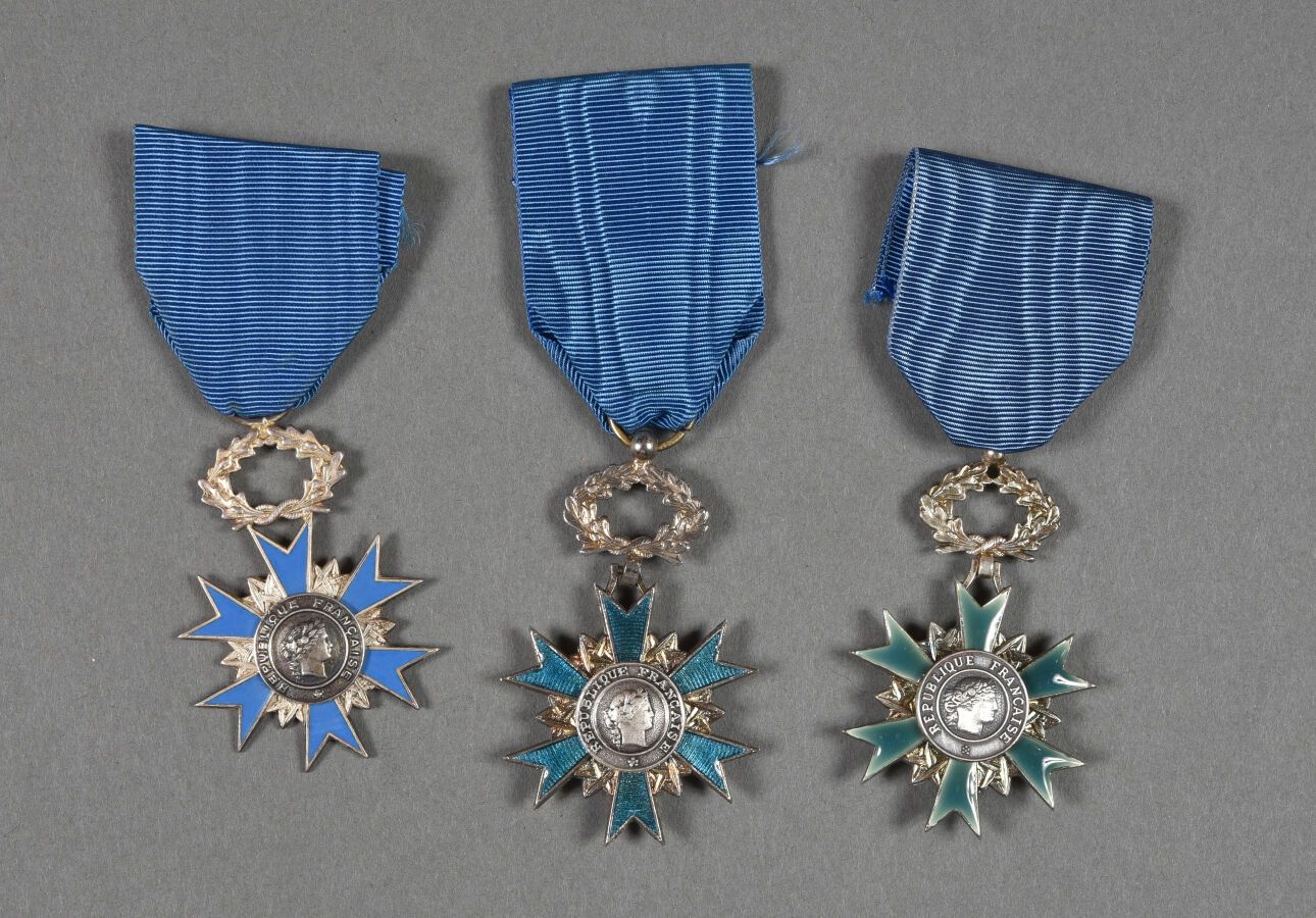 Null 法国。国家荣誉勋章（1963年）。Chevalier，2个带蓝色变体，1个单面，第五共和国，一套3枚。