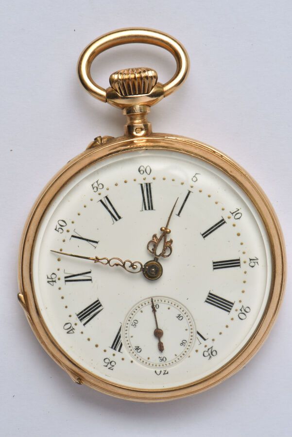 Null 18K (750/oo) yellow gold pocket watch, round dial with white enamel backgro&hellip;