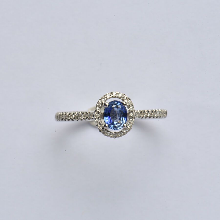 Null 一枚18K(750/oo)白金戒指，以一颗椭圆形蓝宝石为中心，周围和附件都镶嵌了一排明亮式切割的钻石。TDD 54.毛重：2.1克。