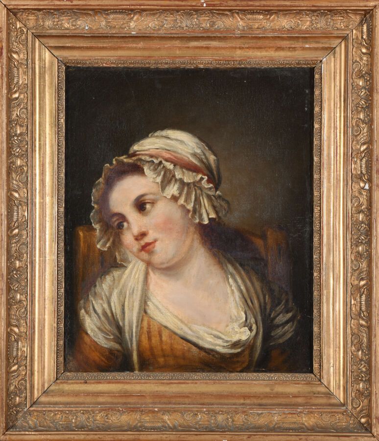 Null 格鲁兹-让-巴蒂斯特(后) 
1725 - 1805
一个戴白色帽子的年轻女孩的肖像，也被称为 "懒女孩"。 
布面油画（修复） 
H.46 - L.&hellip;