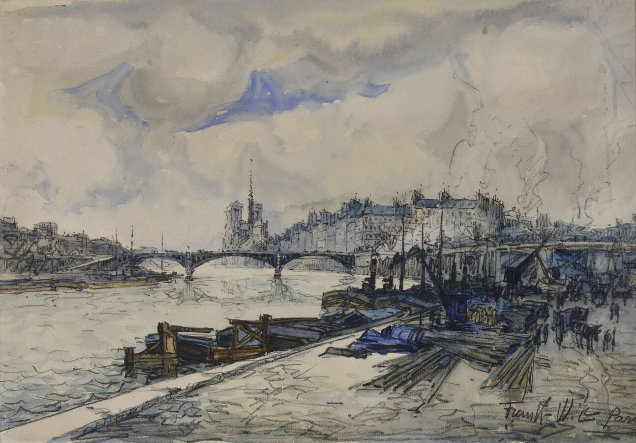 Null 弗兰克-威尔（1900-1951）。
巴黎的码头。
纸上水彩画。
右下角有签名并注明巴黎。
视线：31,5 x 45厘米。