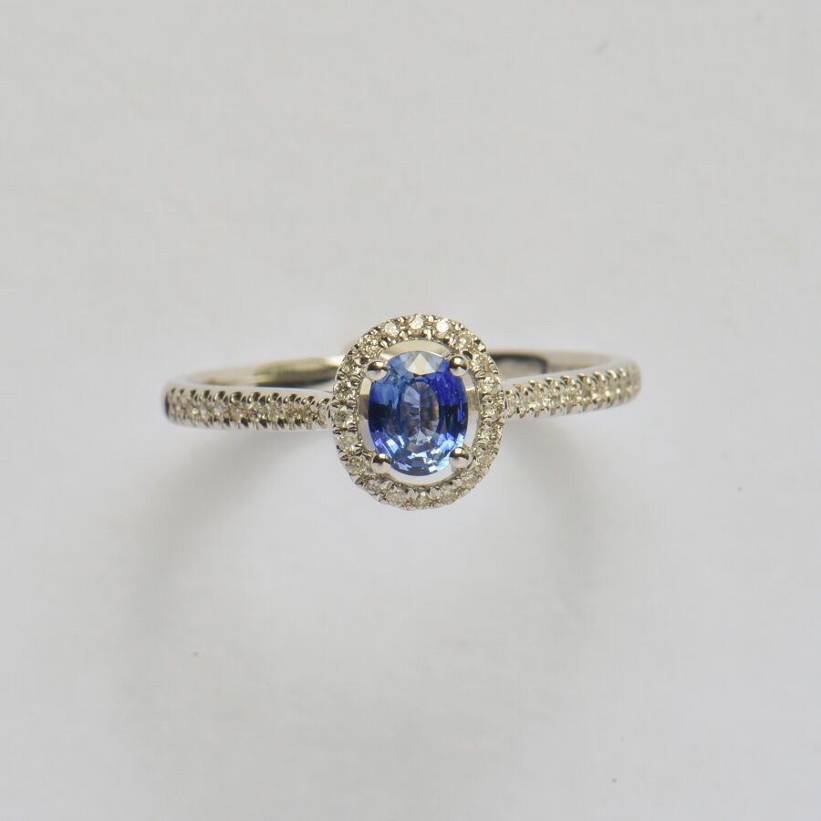 Null 一枚18K(750/oo)白金戒指，以一颗椭圆形蓝宝石为中心，周围和附件都镶嵌了一排明亮式切割钻石。TDD 54。毛重：2.1克。