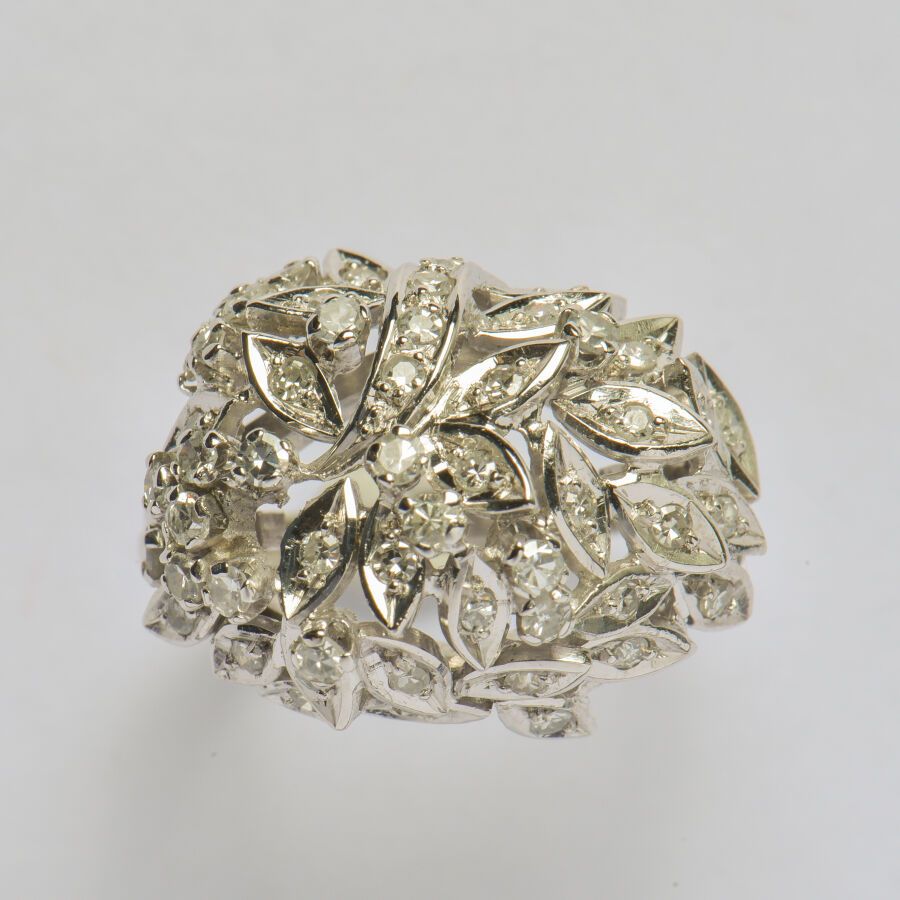 Null 18K(750/oo)白金戒指，形成一个镂空的植物圆顶，镶嵌8x8的钻石。TDD 58。毛重：8.9克。