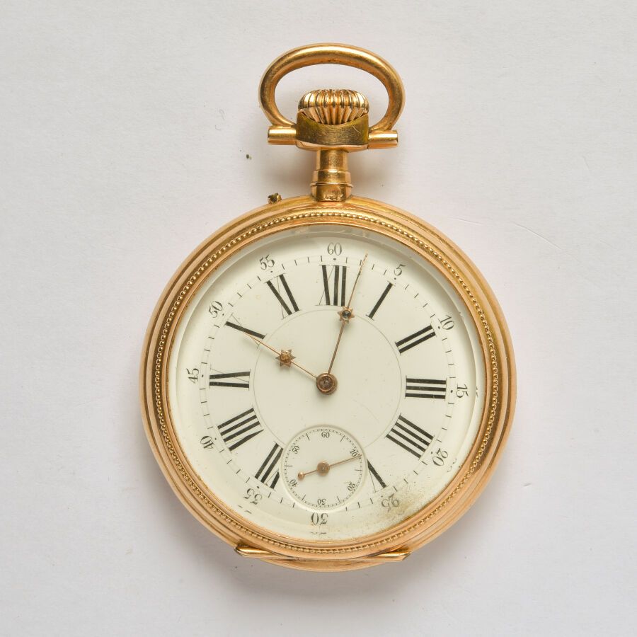 Null 18K (750/oo) yellow gold pocket watch, round dial with white enamel backgro&hellip;