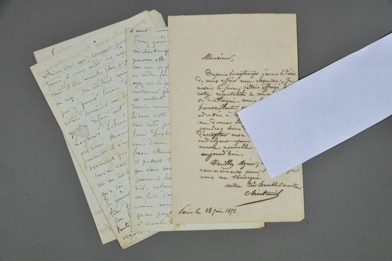 Null Antoine CHINTREUIL (1814-1873)，风景画家，与巴比松画派有关，是印象派的先驱。
4封署名给收藏家和赞助人的亲笔信。巴黎，I&hellip;