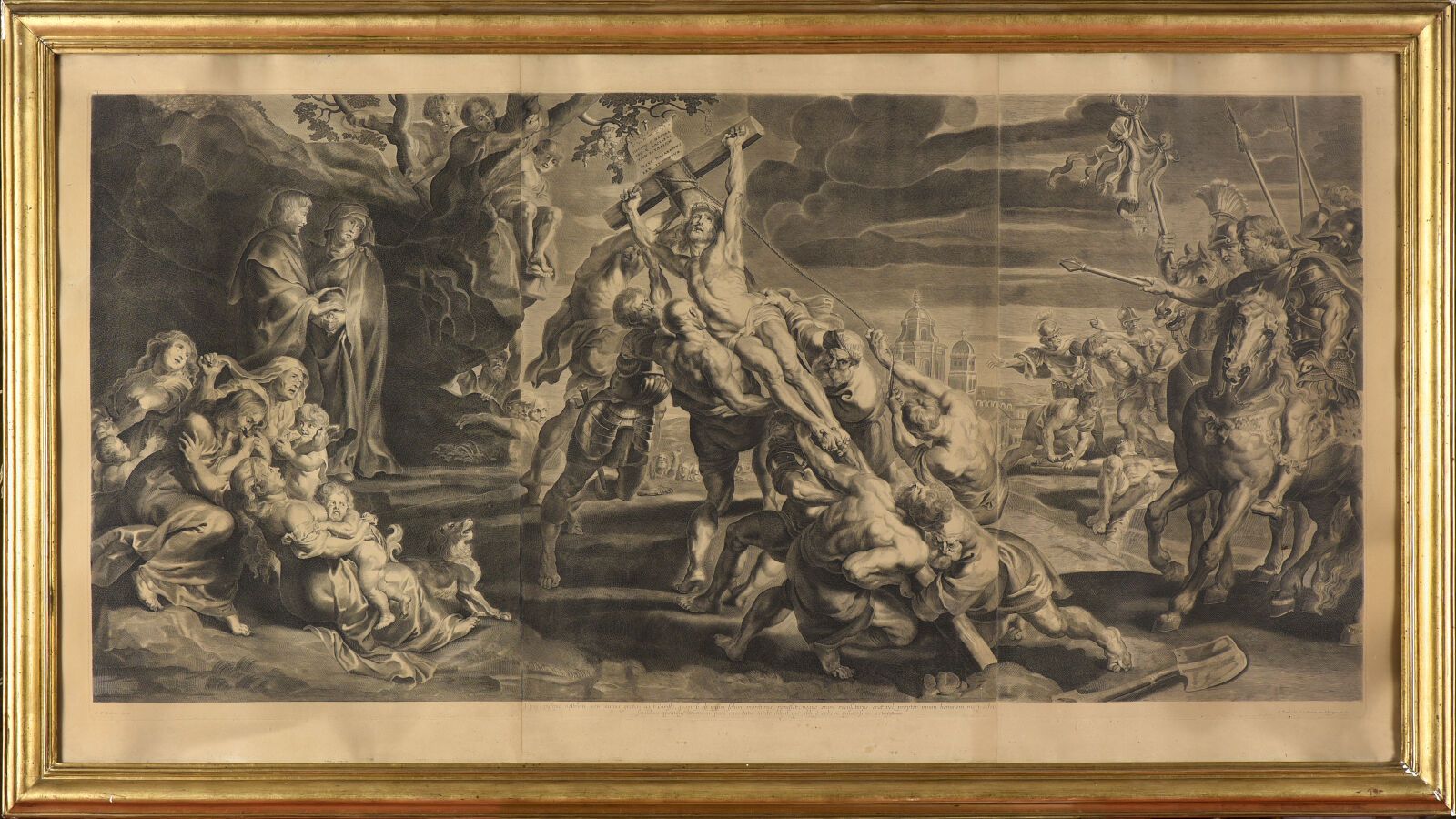 Null 在彼得-保罗-鲁本斯（1577-1640）之后
竖立十字架的三联画
匿名铜版画，印在三张连在一起的纸上
61 x 124厘米+边距
在Chéreau,&hellip;