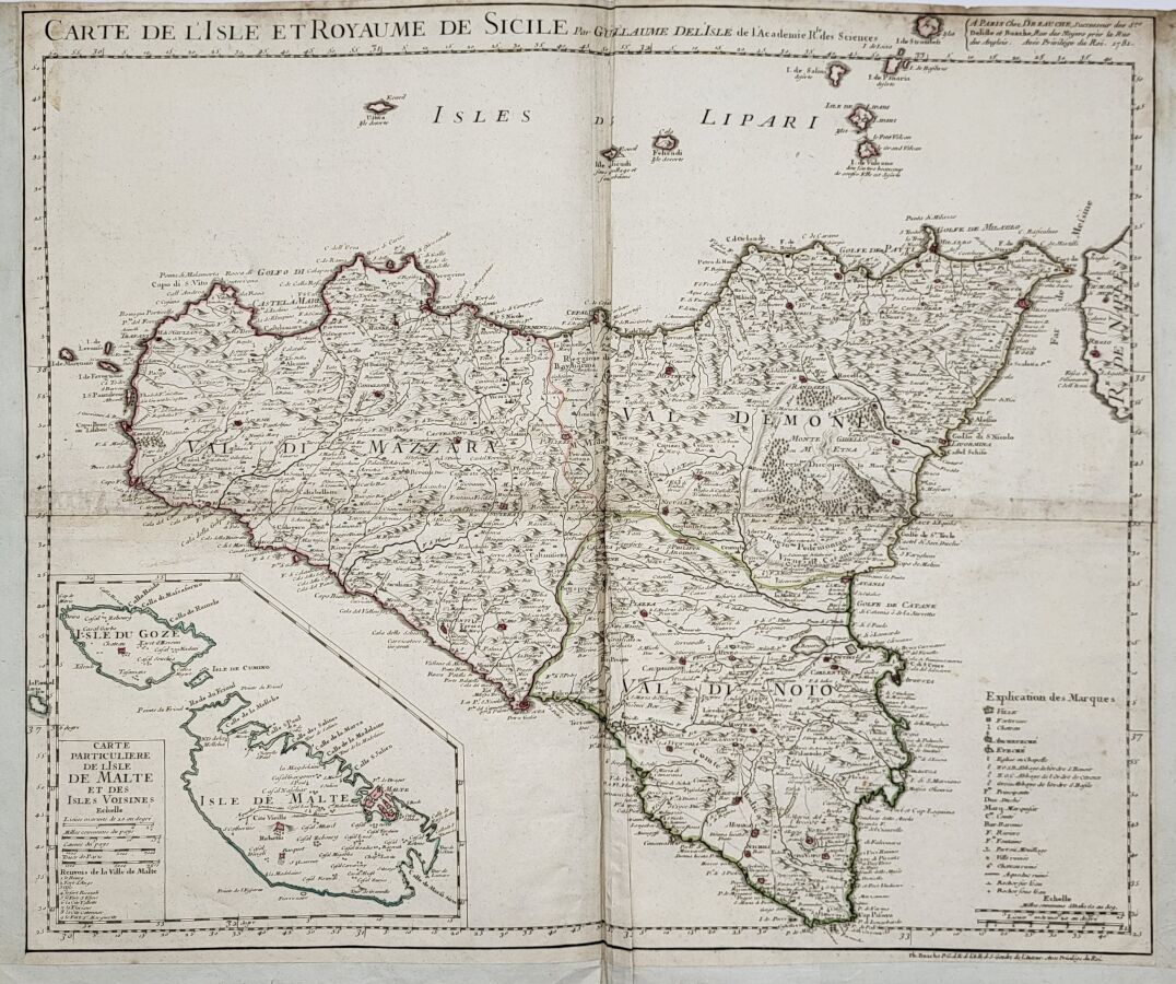 Null 纪尧姆-德利斯勒和他的继承人德佐赫
(法国，18世纪)
罕见的利帕里群岛和马耳他岛地图。1781年。
双对开。 
有些折痕，有些缺陷，背面有加固的痕迹&hellip;