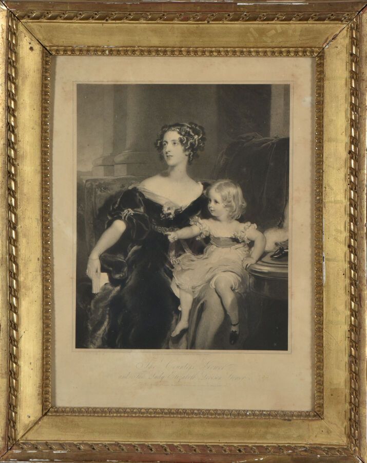 Null 托马斯-劳伦斯之后的Samuel COUSINS。 
高尔伯爵夫人和她的女儿。 
石版画。大约1840年 
纸张：51 x 38厘米 
这幅画均匀地泛&hellip;