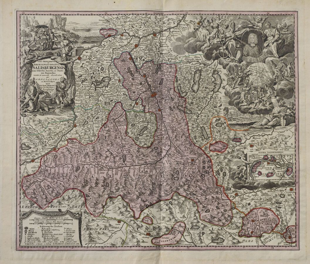 Null 让-巴蒂斯特-霍曼 (德国1664 - 1724)
萨尔茨堡的地图。18世纪初。
地图上有纪念性插图。 
双开本。 
有些缺陷。