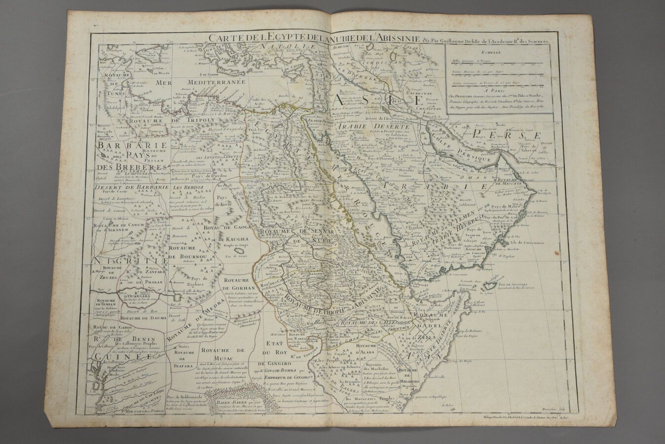 Null 纪尧姆-德利斯勒和他的继承人德佐赫
(法国，18世纪)
埃及、努比亚和阿比西尼亚地图。1780.
双开本。 
点蚀和折痕，等等。