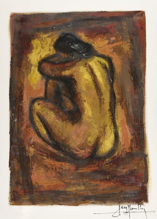 Null 让-穆林（1932-2009）。
从后面看到的坐着的裸体。
纸上水粉画。
右下方有签名。
视线：74 x 56厘米。