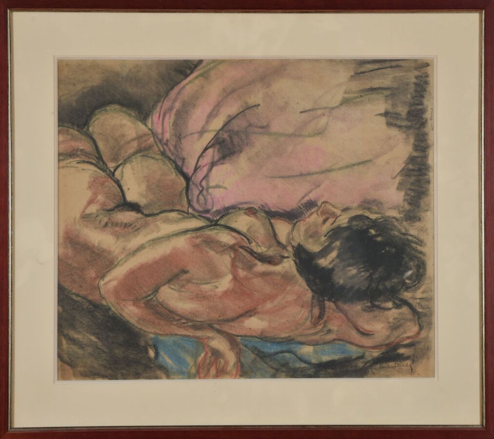 Null Pierre COMBET-DESCOMBES (1885-1966)。
躺着的裸体，一只手背在身后。
纸上粉笔画。
签名印在右下方。
视线：46 x&hellip;