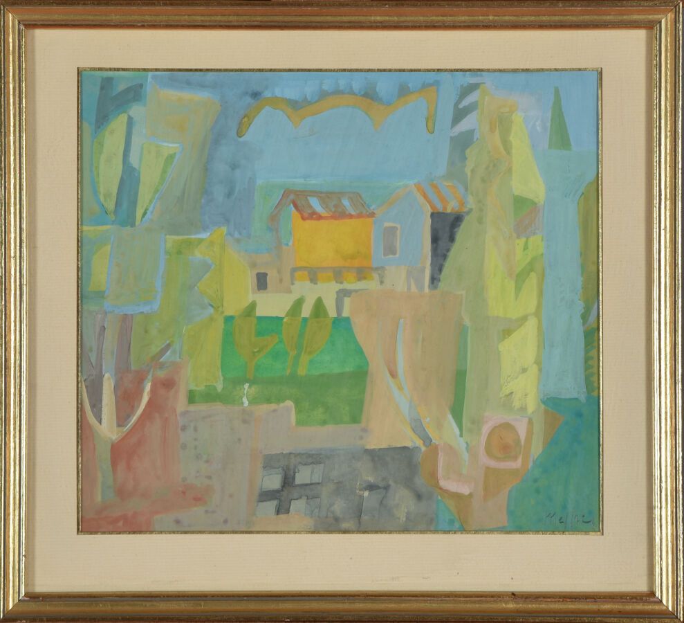 Null Armand MEFFRE (1929-2009)。
有房子的风景。
纸上水粉画。
右下方有签名。
视线：22 x 24厘米。