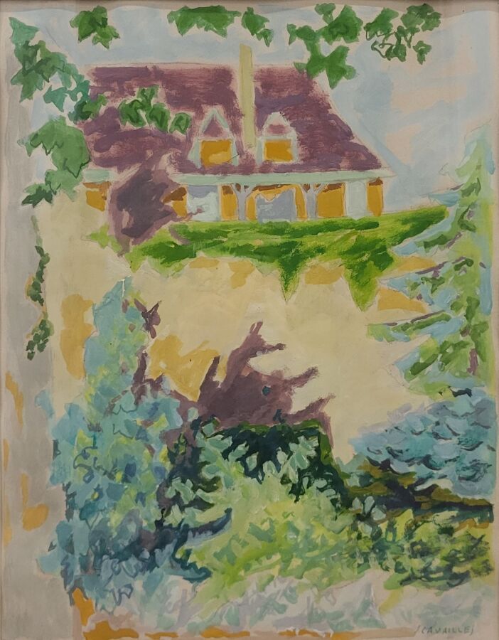 Null 朱尔斯-卡瓦耶（1901-1977）。
树后的房子。
纸上水粉画。
右下方有签名。
视线：48 X 37厘米。